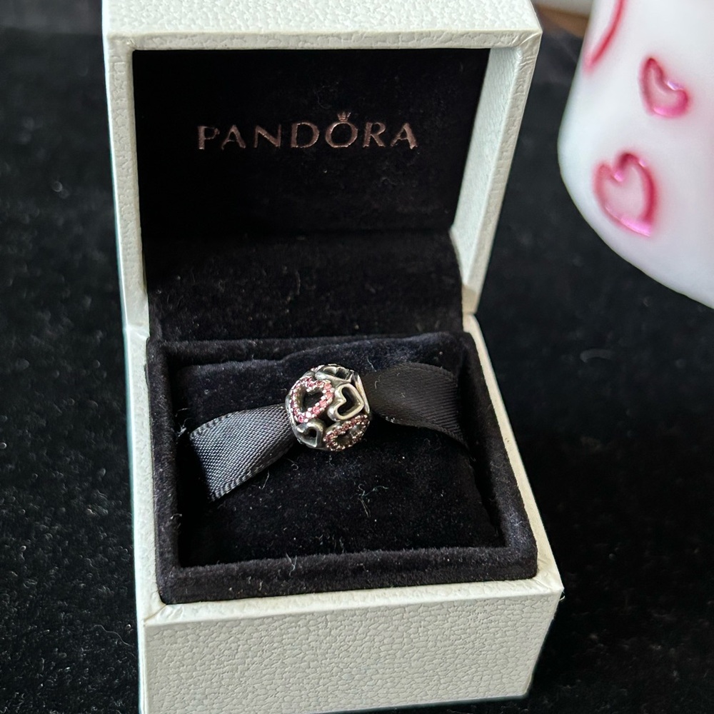 Pandora Silver Heart Charm with Pink Stones